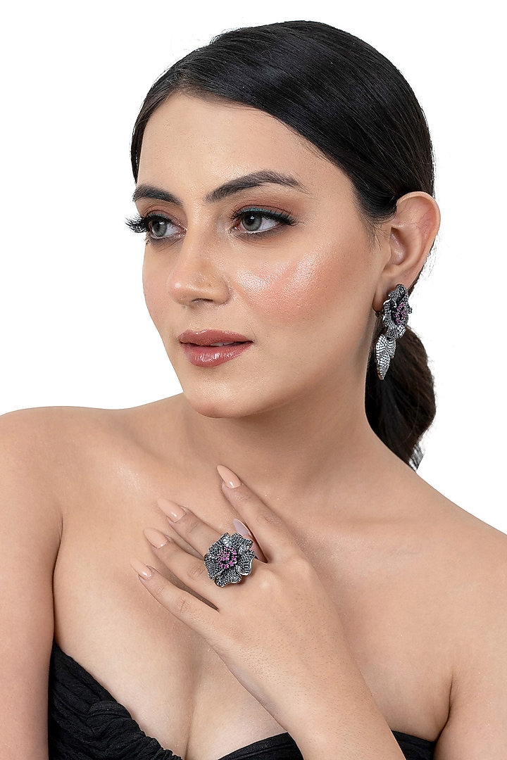 Two Tone Finish American Diamond Floral Dangler Earrings by Lady grace by priyanka at Pernia's Pop Up Shop