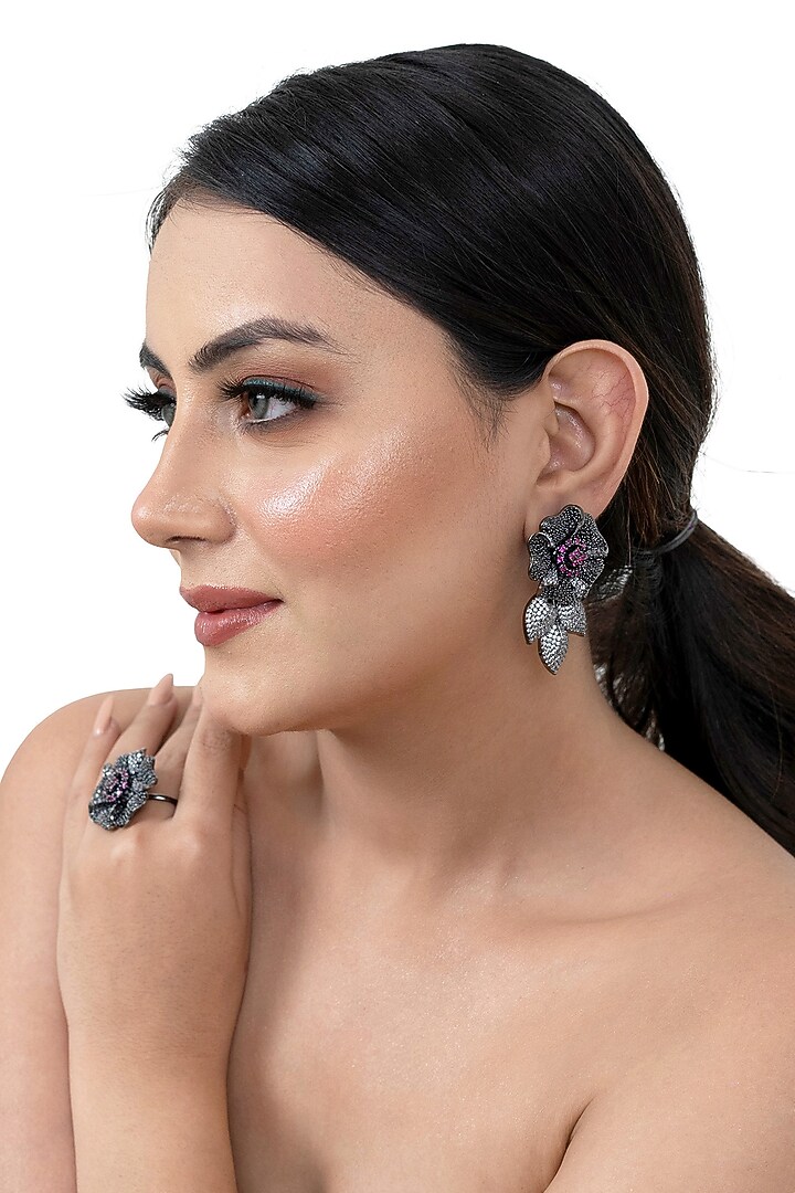 Two Tone Finish American Diamond Floral Dangler Earrings by Lady grace by priyanka at Pernia's Pop Up Shop