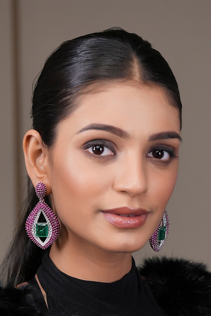 Two Tone Finish Emerald Doublet Stone & Ruby Diamond Dangler Earrings by Lady grace by priyanka at Pernia's Pop Up Shop