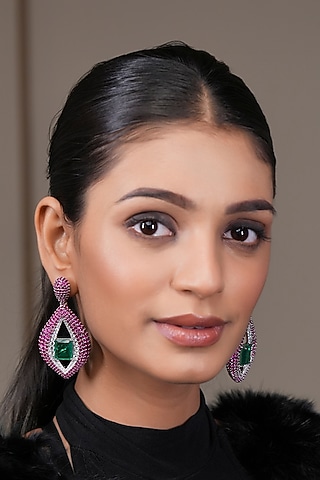 Two Tone Finish Emerald Doublet Stone & Ruby Diamond Dangler Earrings by Lady grace by priyanka