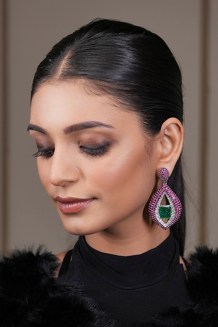 Two Tone Finish Emerald Doublet Stone & Ruby Diamond Dangler Earrings by Lady grace by priyanka at Pernia's Pop Up Shop