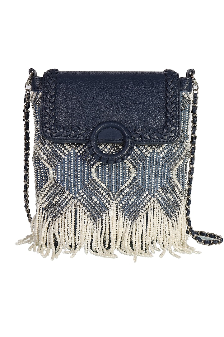 Midnight Blue Leather Tasseled Sling Bag by The Leather Garden at Pernia's Pop Up Shop