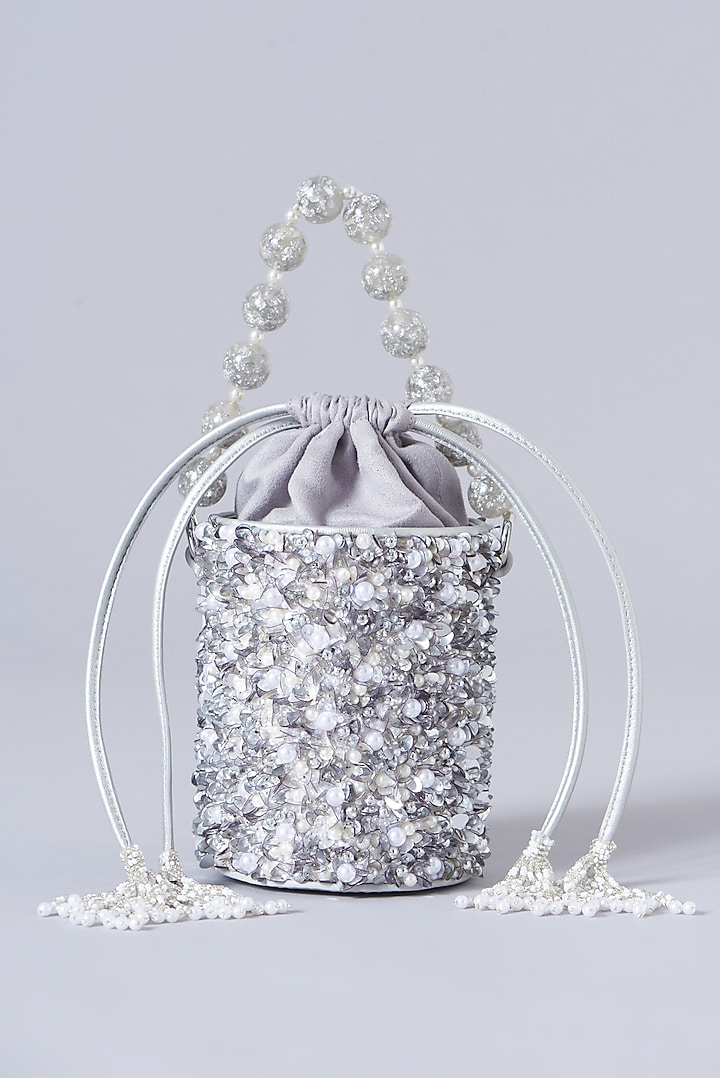 Silver Leather Beaded Potli Bag by The Leather Garden at Pernia's Pop Up Shop