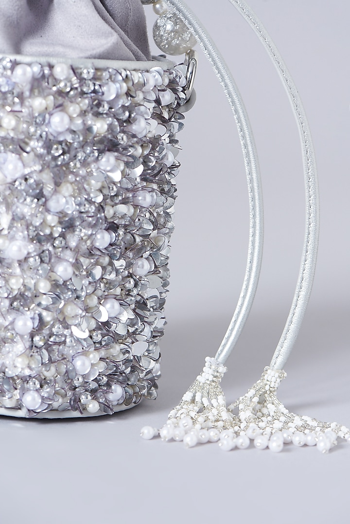 Silver Leather Beaded Potli Bag by The Leather Garden at Pernia's Pop Up Shop