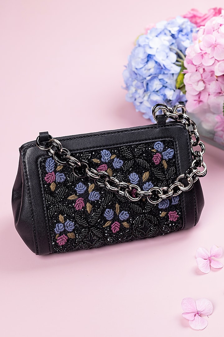 Black Leather Hand Embroidered Structured Potli Bag by The Leather Garden