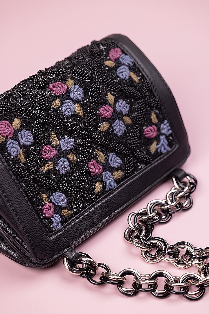 Black Leather Hand Embroidered Structured Potli Bag by The Leather Garden at Pernia's Pop Up Shop
