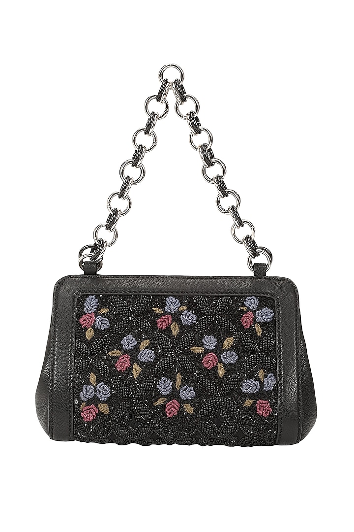 Black Leather Hand Embroidered Structured Potli Bag by The Leather Garden at Pernia's Pop Up Shop