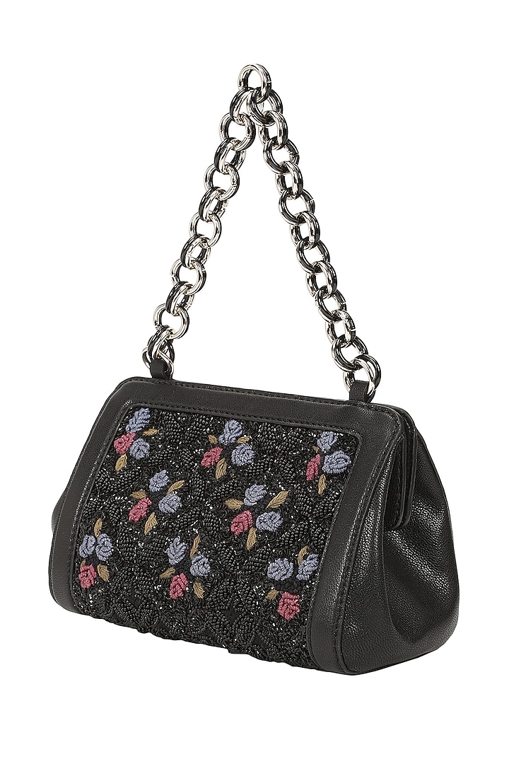 Black Leather Hand Embroidered Structured Potli Bag by The Leather Garden at Pernia's Pop Up Shop