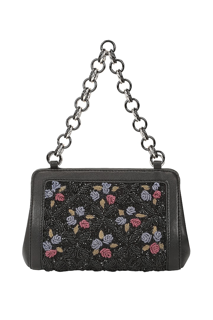 Black Leather Hand Embroidered Structured Potli Bag by The Leather Garden at Pernia's Pop Up Shop