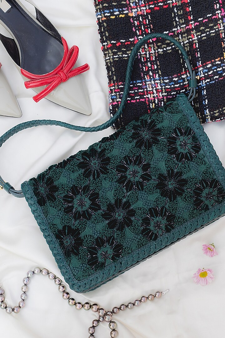 Forest Green Embroidered Shoulder Bag by The Leather Garden at Pernia's Pop Up Shop