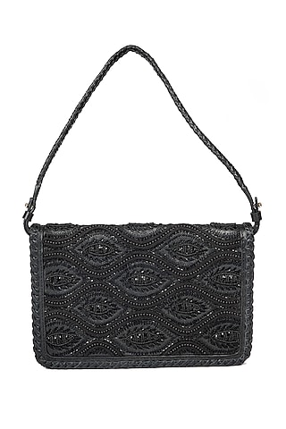 Black Embroidered Shoulder Bag by The Leather Garden