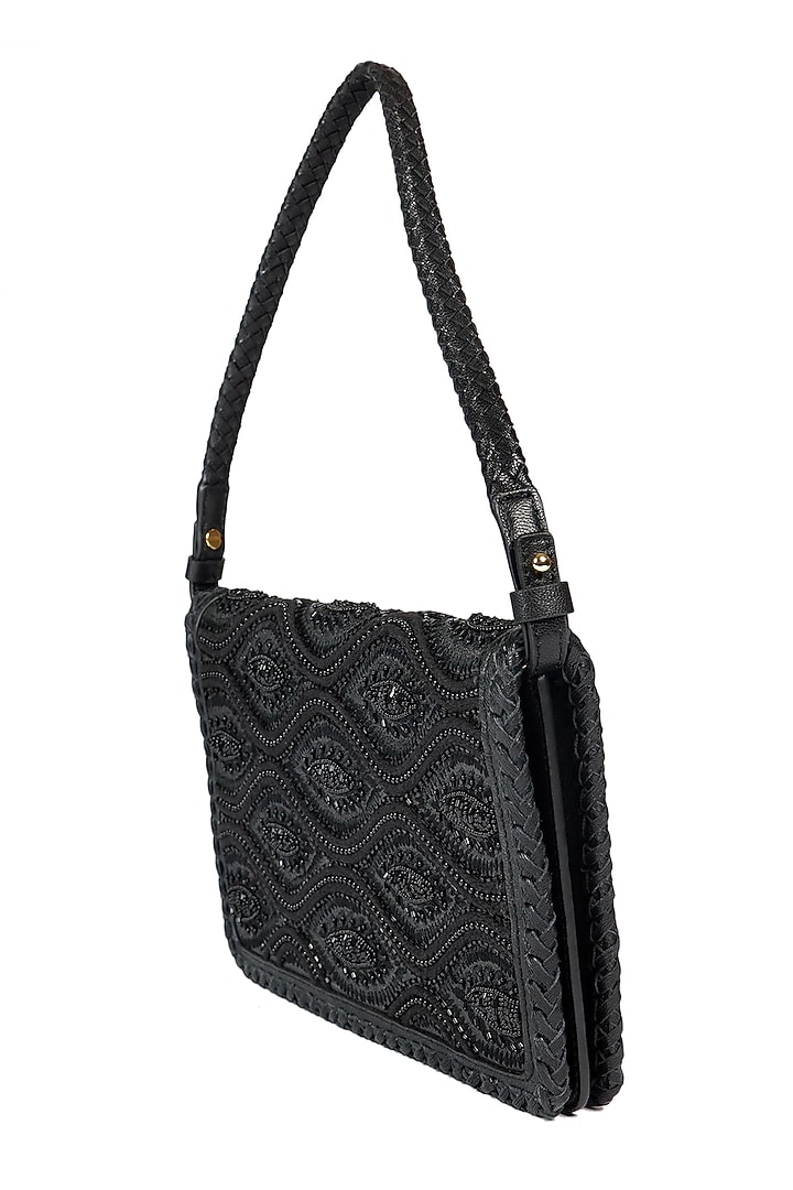 Black Embroidered Shoulder Bag by The Leather Garden at Pernia's Pop Up Shop