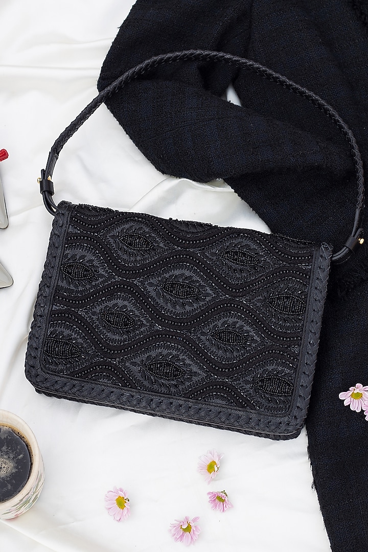 Black Embroidered Shoulder Bag by The Leather Garden at Pernia's Pop Up Shop