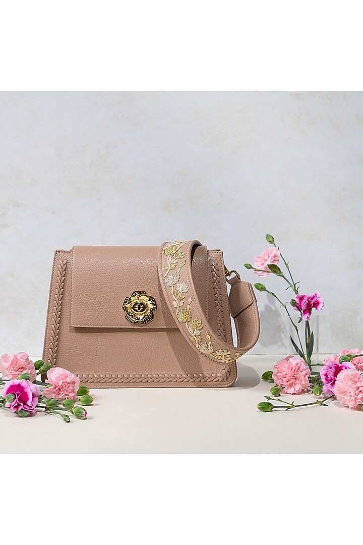 Nude Hand Embroidered Crossbody Handbag by The Leather Garden at Pernia's Pop Up Shop