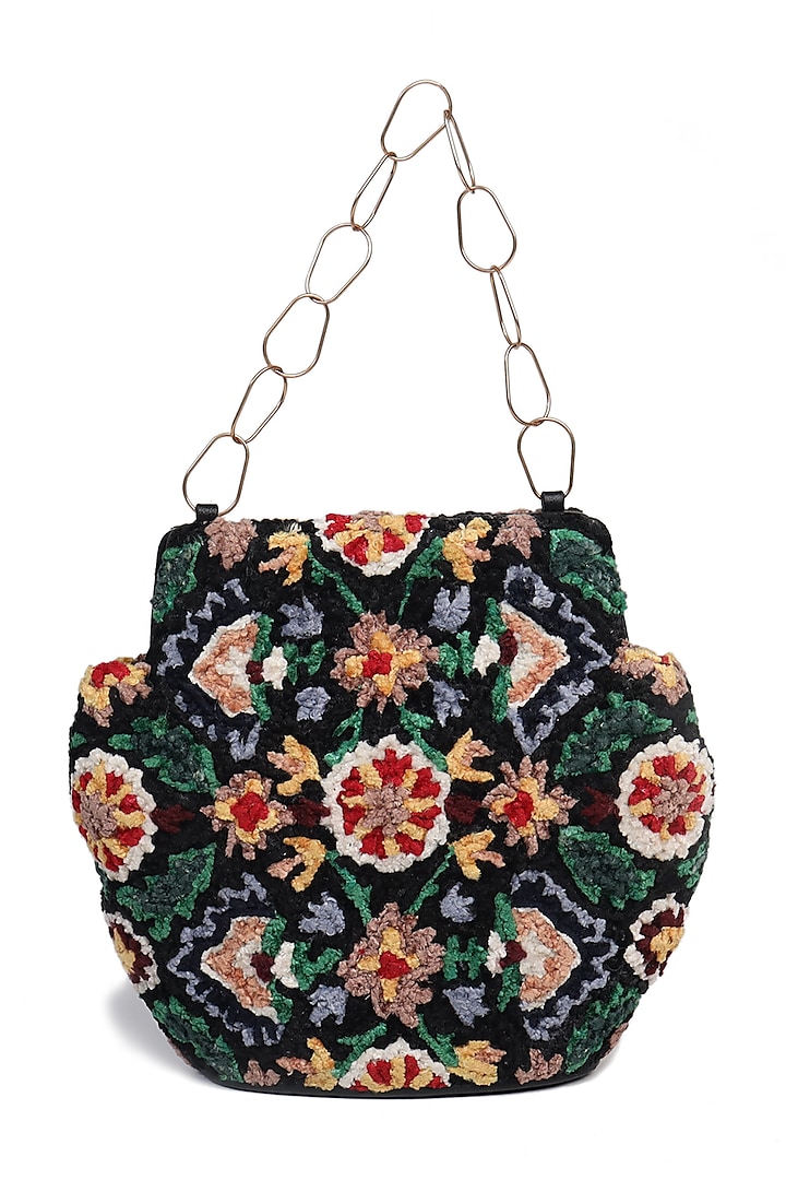 Black Embroidered Potli Bag by The Leather Garden at Pernia's Pop Up Shop