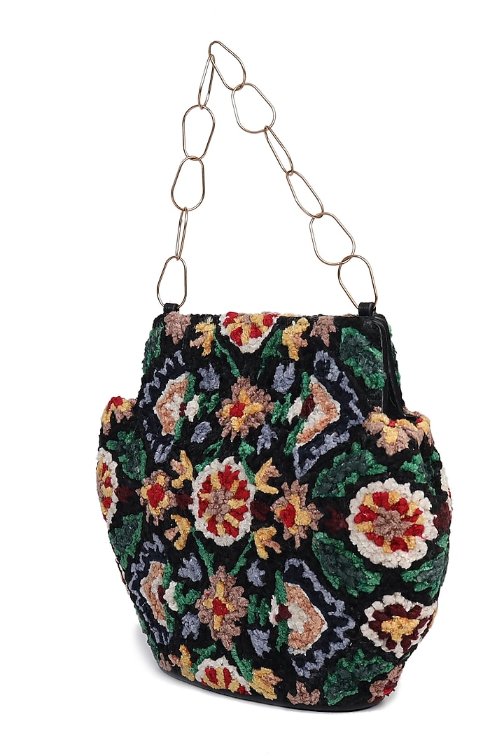 Black Embroidered Potli Bag by The Leather Garden at Pernia's Pop Up Shop