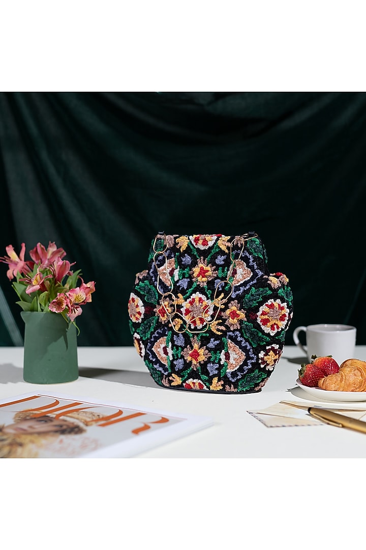 Black Embroidered Potli Bag by The Leather Garden at Pernia's Pop Up Shop