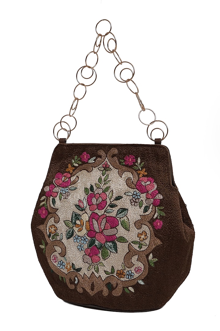Brown Crewel Embroidered Potli Bag Design by The Leather Garden at ...