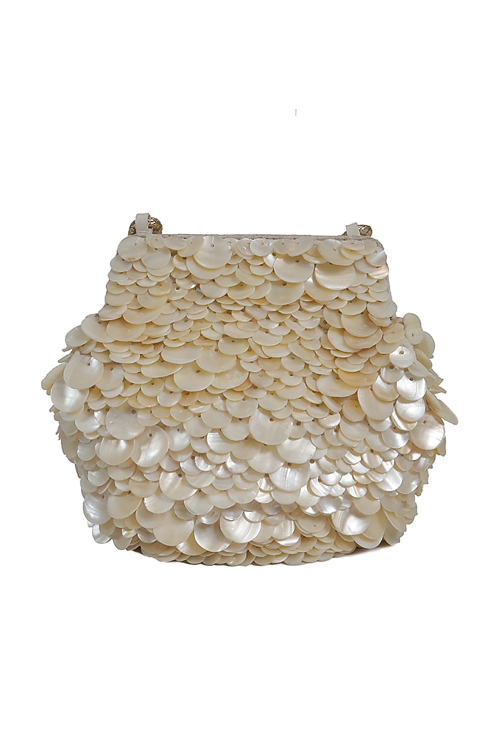 Off White Potli Bag With Pearls Detailing by The Leather Garden at Pernia's Pop Up Shop