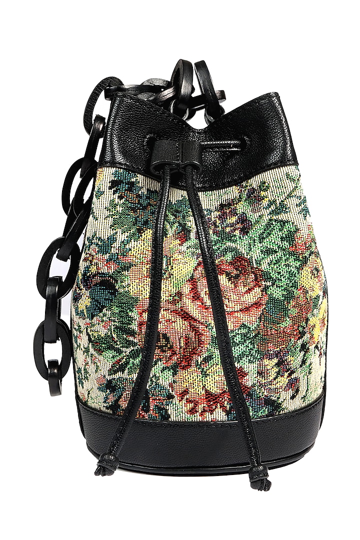 Black Floral Embroidered Bucket Bag by The Leather Garden