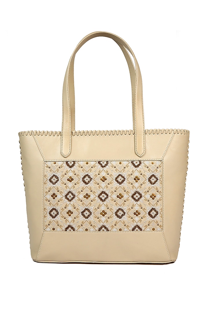 Ivory Embellished Tote Bag by The Leather Garden