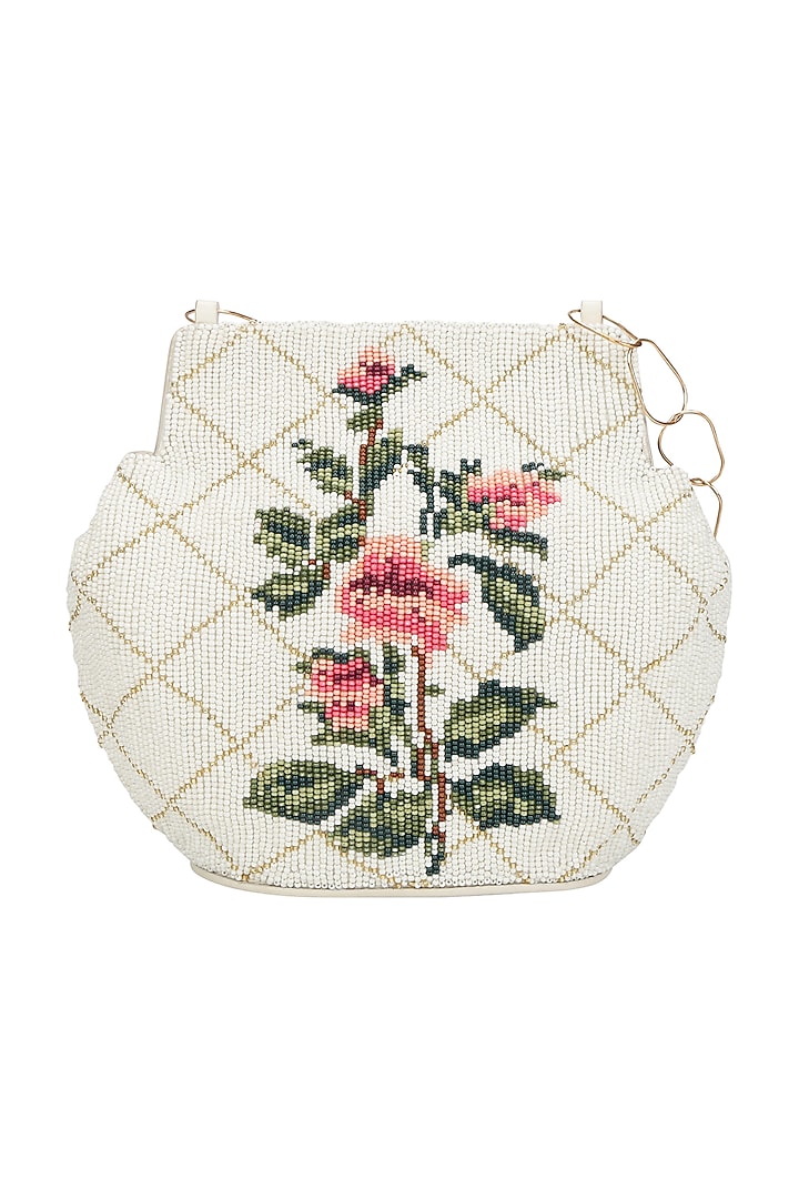 Ivory Floral Embroidered Potli by The Leather Garden at Pernia's Pop Up Shop