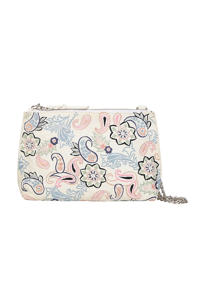 Ivory & Pink Hand Embroidered Sling Bag by The Leather Garden at Pernia's Pop Up Shop