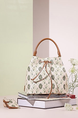 Pistachio Jacquard & Leather Bucket Bag by The Leather Garden