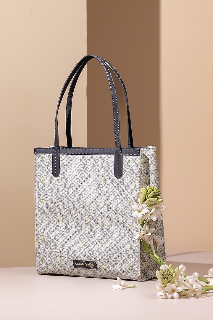 Icy Blue Jacquard & Leather Handbag by The Leather Garden at Pernia's Pop Up Shop