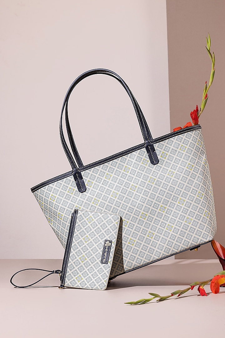 Icy Blue Jacquard & Leather Tote bag by The Leather Garden at Pernia's Pop Up Shop