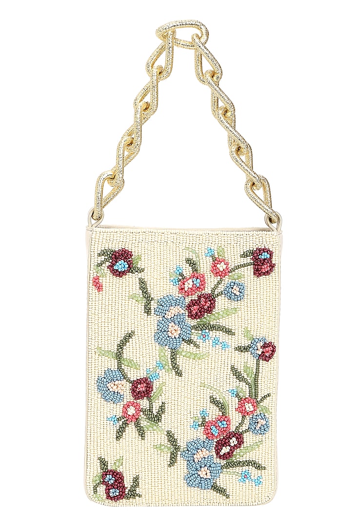 Ivory & Multi-Colored Leather Beadwork Potli Bag by The Leather Garden at Pernia's Pop Up Shop