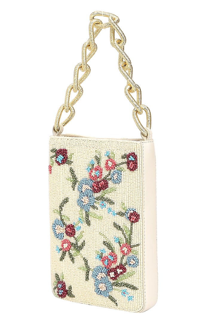Ivory & Multi-Colored Leather Beadwork Potli Bag by The Leather Garden at Pernia's Pop Up Shop