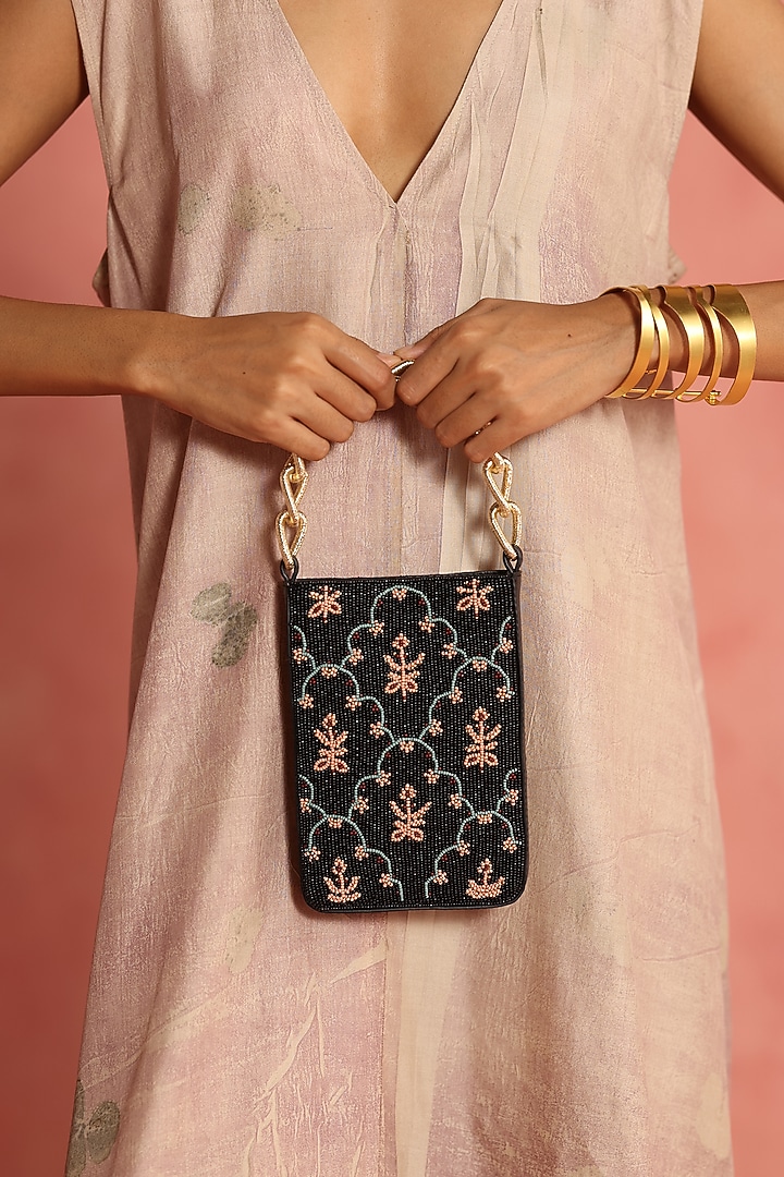 Black & Multi-Colored Leather Floral Handbag by The Leather Garden at Pernia's Pop Up Shop