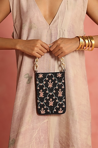 Black & Multi-Colored Leather Floral Handbag by The Leather Garden