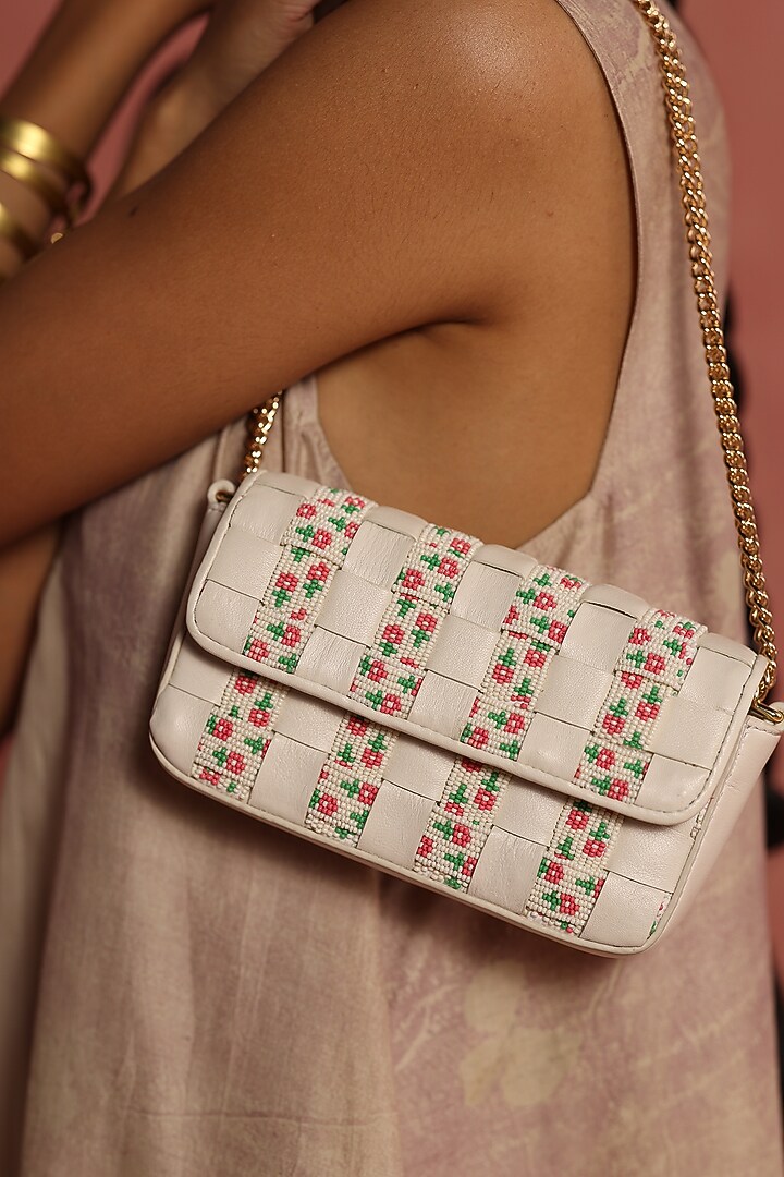 Ivory & Multi-Colored Leather Embroidered Mini Crossbody Bag by The Leather Garden at Pernia's Pop Up Shop