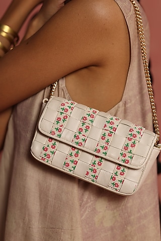 Ivory & Multi-Colored Leather Embroidered Mini Crossbody Bag by The Leather Garden