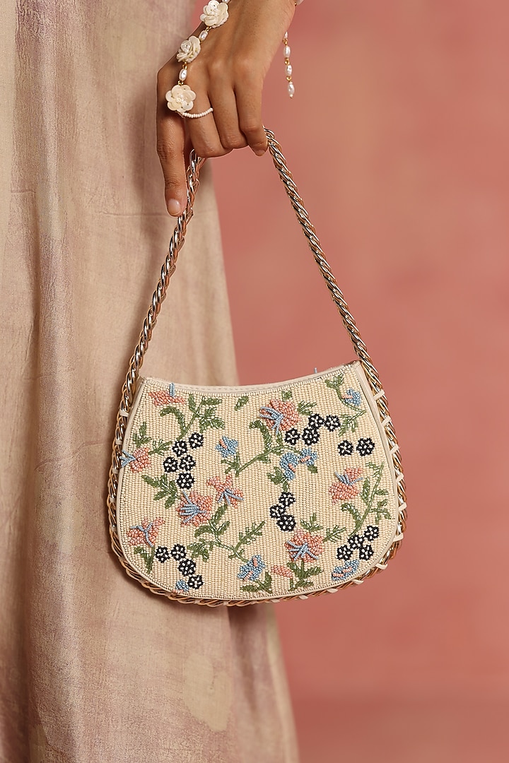 Ivory & Multi-Colored Leather Floral Embroidered Handbag by The Leather Garden at Pernia's Pop Up Shop