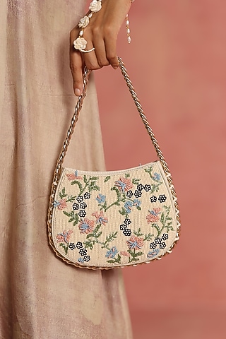 Ivory & Multi-Colored Leather Floral Embroidered Handbag by The Leather Garden