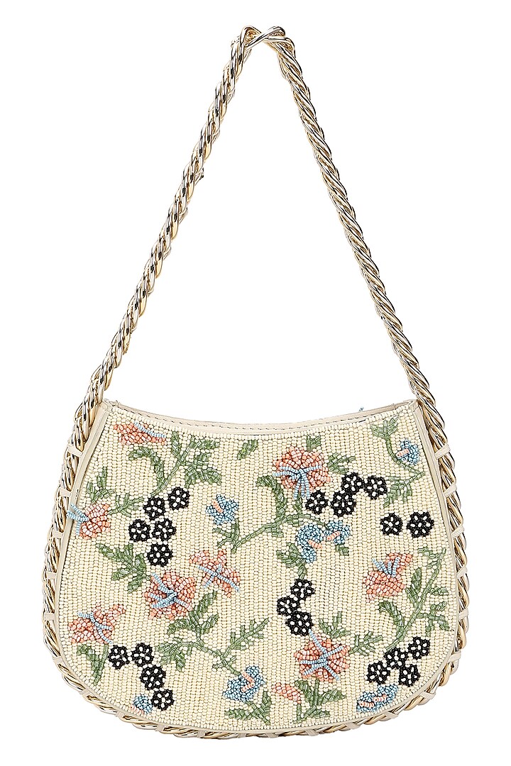 Ivory & Multi-Colored Leather Floral Embroidered Handbag by The Leather Garden at Pernia's Pop Up Shop