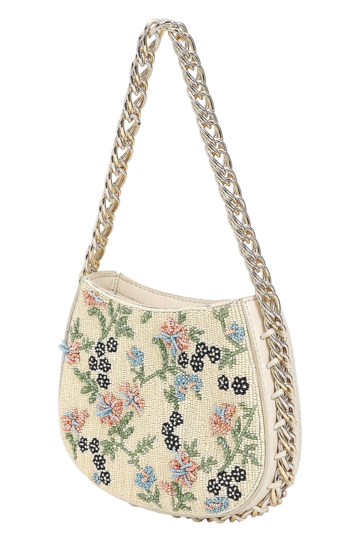 Ivory & Multi-Colored Leather Floral Embroidered Handbag by The Leather Garden at Pernia's Pop Up Shop