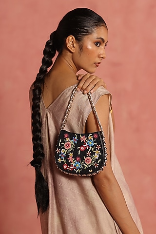 Black & Multi-Colored Leather Floral Embroidered Handbag by The Leather Garden