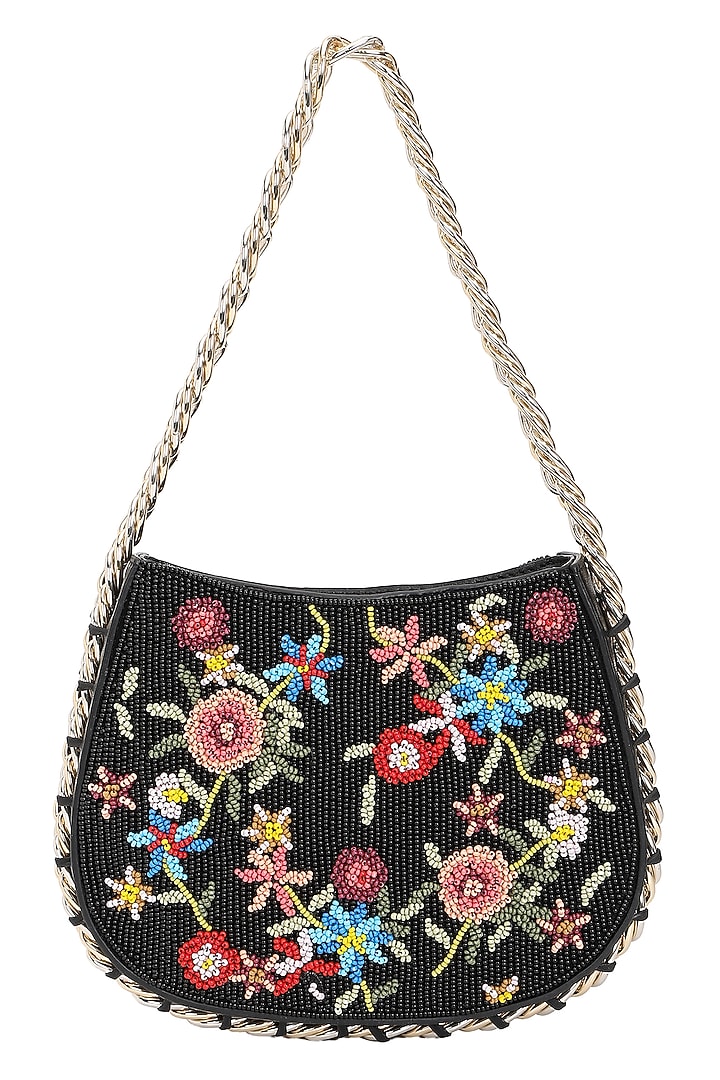 Black & Multi-Colored Leather Floral Embroidered Handbag by The Leather Garden at Pernia's Pop Up Shop