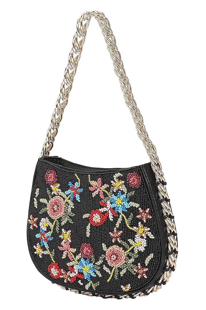Black & Multi-Colored Leather Floral Embroidered Handbag by The Leather Garden at Pernia's Pop Up Shop