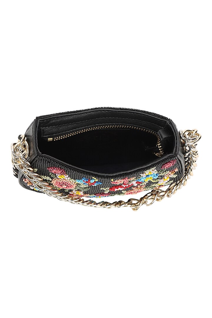 Black & Multi-Colored Leather Floral Embroidered Handbag by The Leather Garden at Pernia's Pop Up Shop