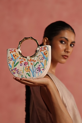 Ivory & Multi-Colored Leather Floral Beadwork Handbag by The Leather Garden