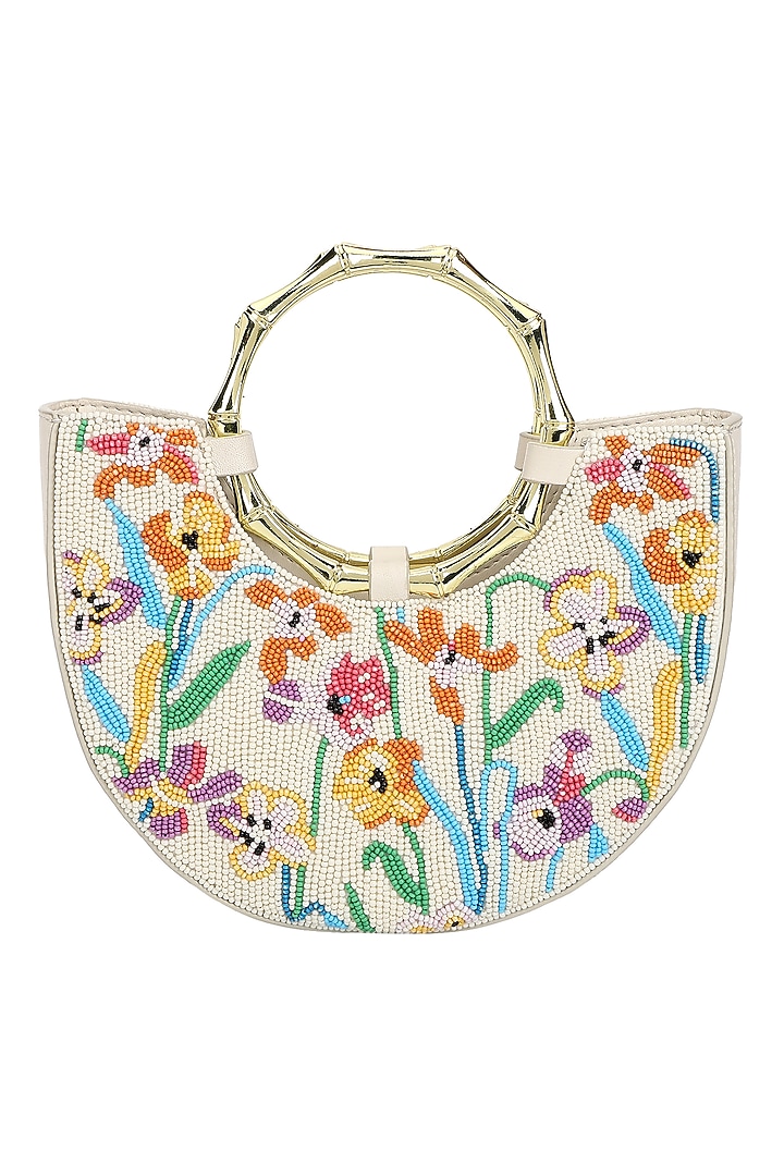 Ivory & Multi-Colored Leather Floral Beadwork Handbag by The Leather Garden at Pernia's Pop Up Shop