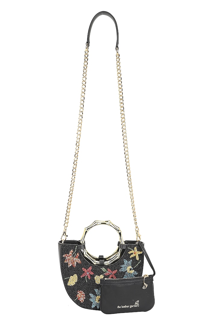 Black & Multi-Colored Leather Floral Beadwork Handbag by The Leather Garden at Pernia's Pop Up Shop