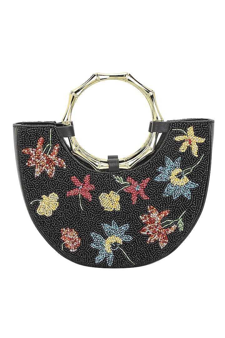 Black & Multi-Colored Leather Floral Beadwork Handbag by The Leather Garden at Pernia's Pop Up Shop