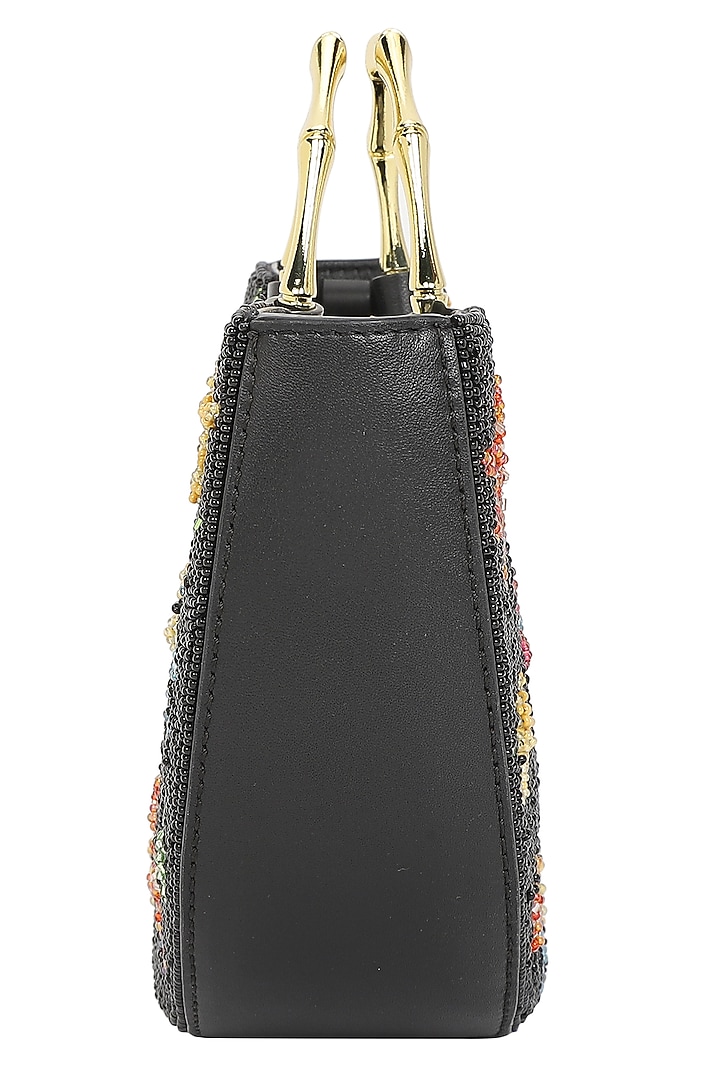 Black & Multi-Colored Leather Floral Beadwork Handbag by The Leather Garden at Pernia's Pop Up Shop