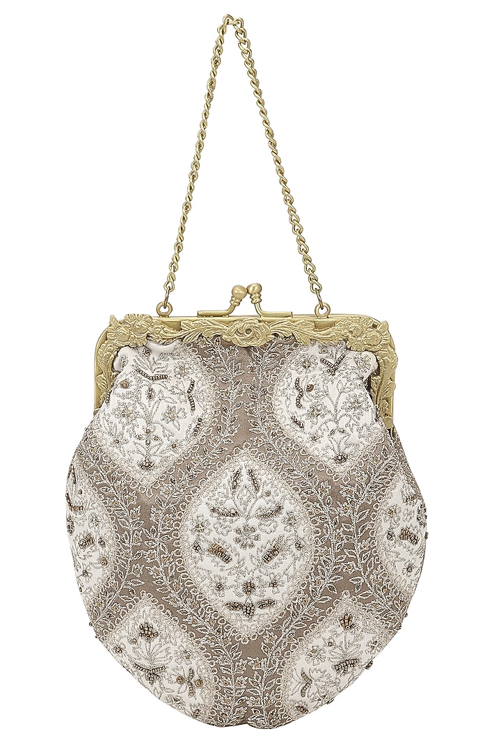 Ivory Satin Embroidered Potli by The Leather Garden at Pernia's Pop Up Shop